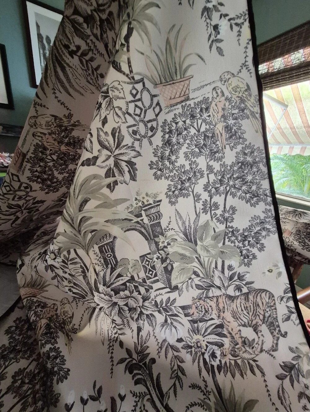 2 pc Window Curtains Asian Toile Jungle Tigers Birds  37